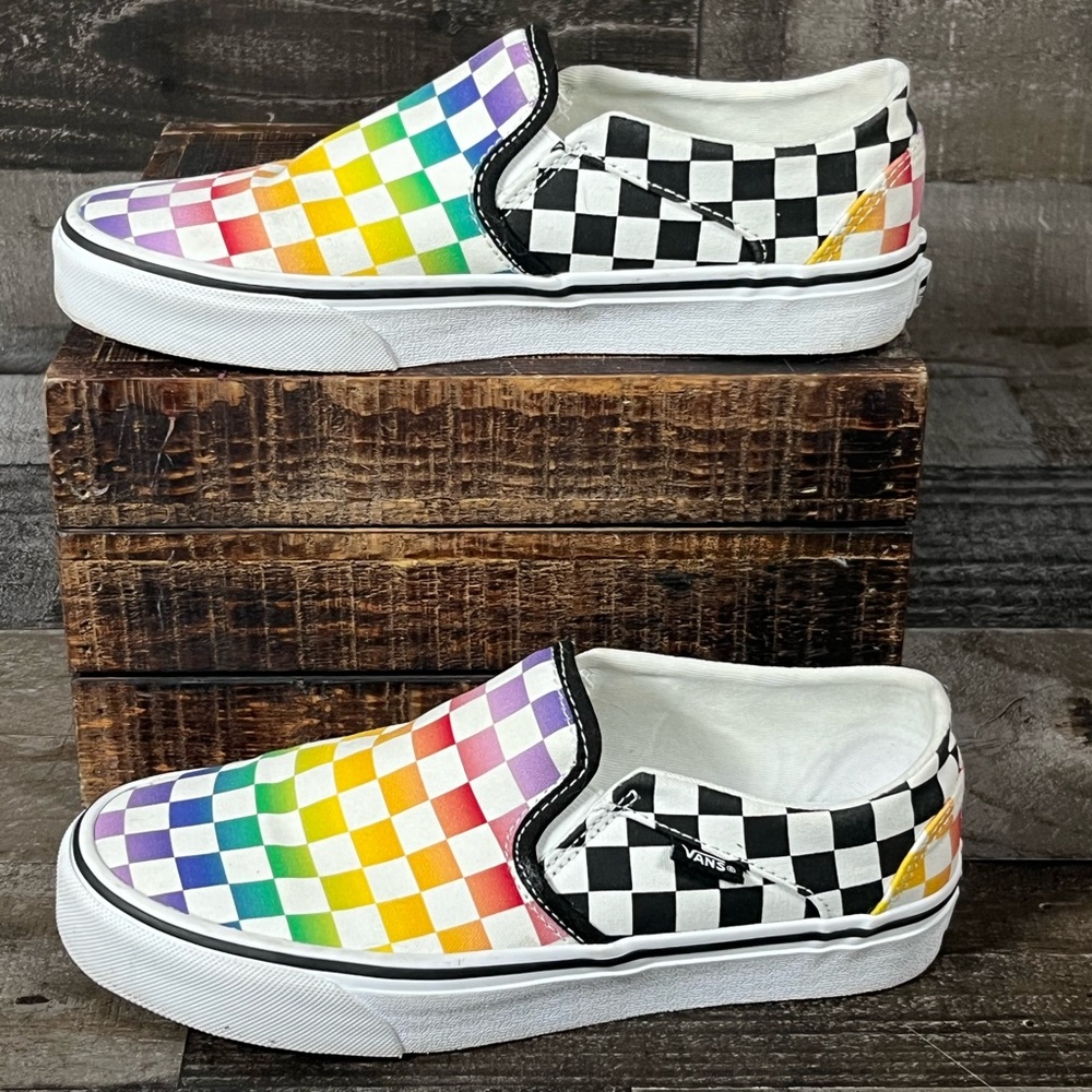 Vans Asher Slip On Rainbow Check Low Skate Multicolor Shoes Size 7.5 - Picture 4 of 7